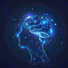 Obraz premium Neural Network Nightscape A Blue Brain Illuminated by Cosmic Constellations Generative AI