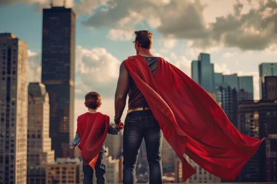 Smiling father and son dressed as superheroes enjoying time together in the city