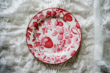 Obraz na płótnie Canvas Top view of pretty strawberry print empty ceramic plate, red white pattern, lace background, blank copy space for pod, charming fruity vintage simple product flatlay mock up
