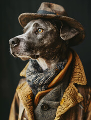 Terrestrial animal Dog wearing hat and coat as working animal art