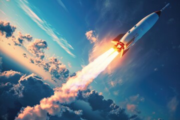 Dynamic Rocket Launch Captured at Dusk with Vibrant Contrails Against Blue Sky - obrazy, fototapety, plakaty