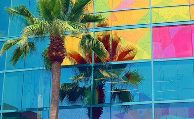 Urban Oasis: Glass Building and Palm Tree Reflection