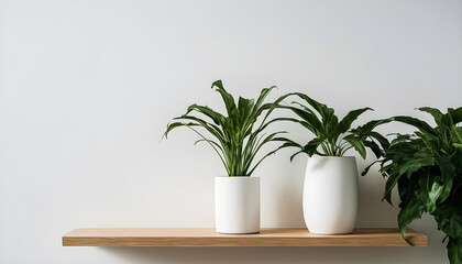 White wall with a shelf adorned with a vase and lush green plant. Generative AI. V-1