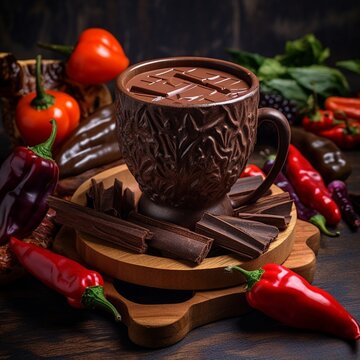 Beautiful Wooden cup chocolate and peppers looks AI Generated image