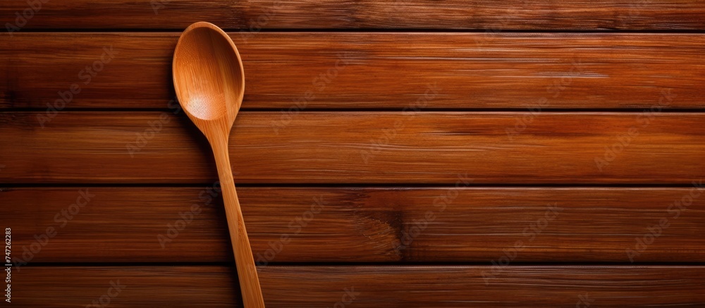 Poster a wooden spoon is placed neatly on top of a rustic wooden table, creating a simple yet charming disp