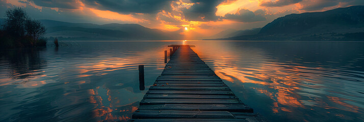 Sunset over a serene lake with wooden jetty. Digital art landscape with fiery sky and peaceful waters. Tranquility and meditation concept. Design for poster, wallpaper, and print.