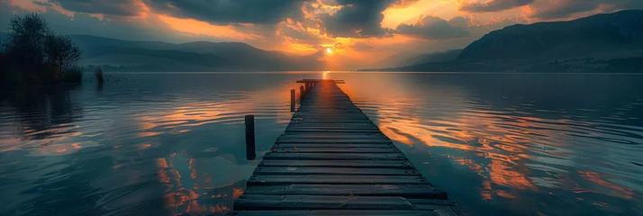 Plexiglas foto achterwand Sunset over a serene lake with wooden jetty. Digital art landscape with fiery sky and peaceful waters. Tranquility and meditation concept. Design for poster, wallpaper, and print. © Dmitry