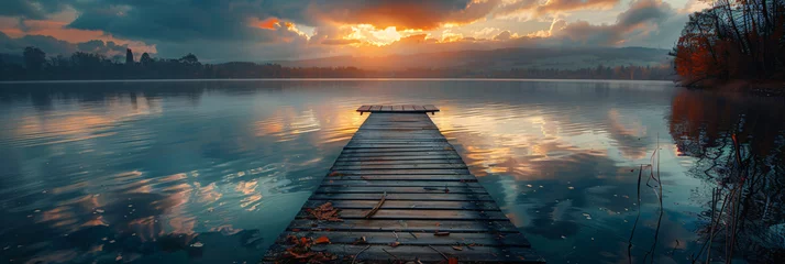 Fototapeten Wooden dock leading to tranquil lake at sunset with autumn foliage. Digital painting of reflective waterscape. Tranquility and fall season concept. Design for poster, wallpaper, and print. © Dmitry