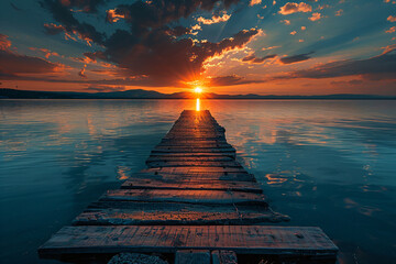 Wooden pier leading into the sunset on a tranquil lake. Digital art landscape with vibrant evening sky. Reflection and serenity concept. Design for poster, wallpaper, and print. - obrazy, fototapety, plakaty