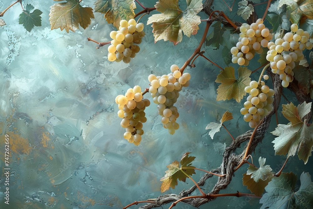 Poster experience the beauty of a lush vineyard with abundant grape clusters on the vines, capturing a sens