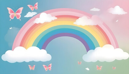 Kids friendly background banner illustration, colorful rainbow and clouds with grass landscape, butterflies flying around. 