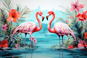two pink flamingos in water with flowers and plants
