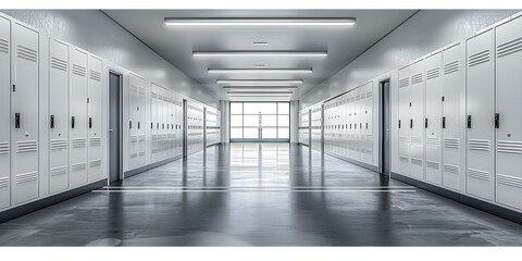 Modernized school corridor with brand new lockers in a rural setting. Concept School Design, Locker Upgrade, Rural Aesthetics, Modernization Transformation, Interior Redesign