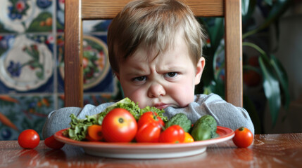 Fototapeta na wymiar Little is unhappy Sulking child sitting in front of a plate of vegetables on the table because does not like to eat salad or vegetables