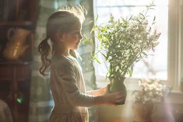 Young girl holding a vase with fresh olive branches in a warmly lit room - Powered by Adobe
