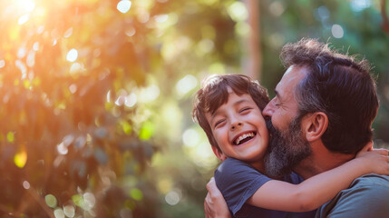 Father and Son Share a Bonding Kiss, Laughter, and Hug in Nature, Creating Priceless Moments of Happiness, Love, and Quality Time Together