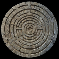 Ancient round maze, labyrinth, meander made by stone, rock. Top view. Isolated on a black background.