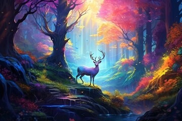a deer standing on a rock in a forest - obrazy, fototapety, plakaty