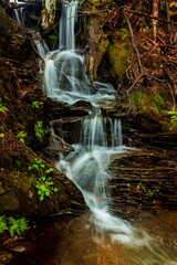 Obraz premium picturesque waterfall on a stream running from the mountains along a ravine on a spring day