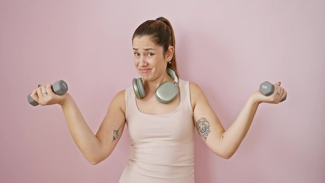Confused young woman in sportswear, with blue eyes and headphones, shrugging while lifting weights over pink isolated background; embodying a clueless doubt expression.