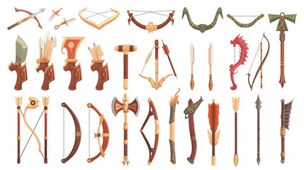 Bow, Crossbow, and Longbow. Fantasy Weapons. Multiple Vector Icon Illustration. Icon Concept Isolated Premium Vector. 