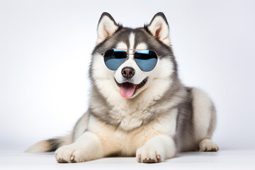 Happy siberian husky dog puppy wearing sunglasses sitting on floor isolated on white background