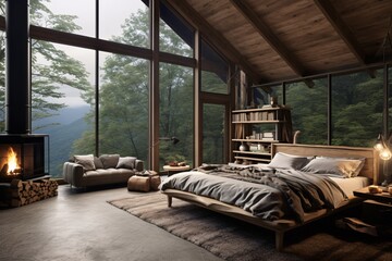 a bedroom with large windows and a bed and a couch - obrazy, fototapety, plakaty