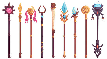 Staff, Wand, and Scepter. Fantasy Weapons. Multiple Vector Icon Illustration. Icon Concept Isolated Premium Vector. 