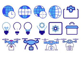 Set of global technology, idea, drone icons. Outline icons with editable stroke collection.