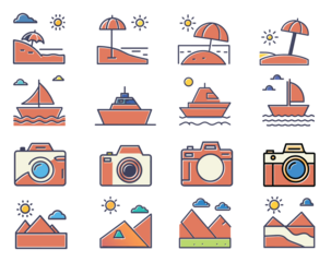 Set of travel vacation icons. Outline icons with editable stroke collection.