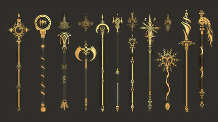 Staff, Wand, and Scepter. Fantasy Weapons. Multiple Vector Icon Illustration. Icon Concept Isolated Premium Vector. 
