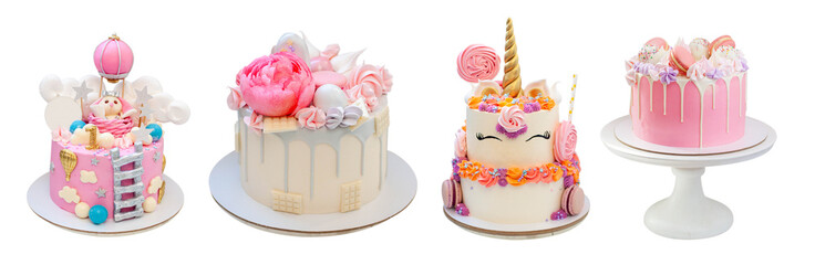 Beautiful and elegant cake decorated with melted grey chocolate, macaroons, edible pink peony flower, chocolate bites and meringues