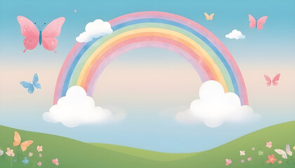 Fototapeta na wymiar Kids friendly background banner illustration, colorful rainbow and clouds with grass landscape, butterflies flying around. 