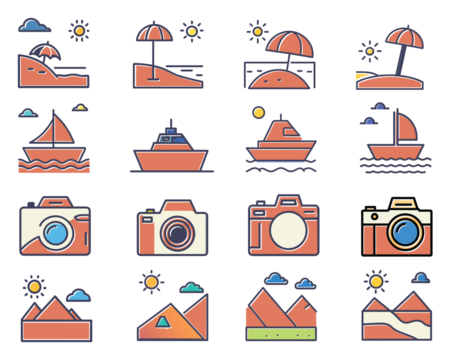 Set of travel vacation icons. Outline icons with editable stroke collection.