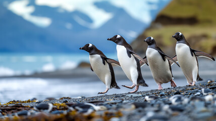 Penguins walking on a pebble beach with mountain backdrop representing wildlife, nature, and habitat.