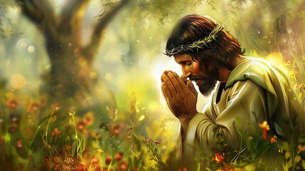 Jesus christ praying in the olive grove. AI generative.