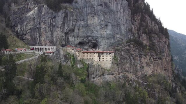 Monastery in the rock in Turkey. Sumela monastery drone view