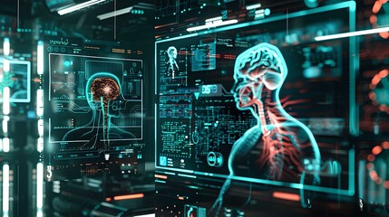 Futuristic medical illustration of human skeleton in blue background interface with graphs and charts. Data for doctor technology modern medical concept