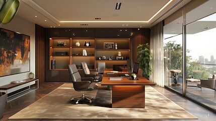 Sleek contemporary office interior with city view, wood elements, and modern furniture.