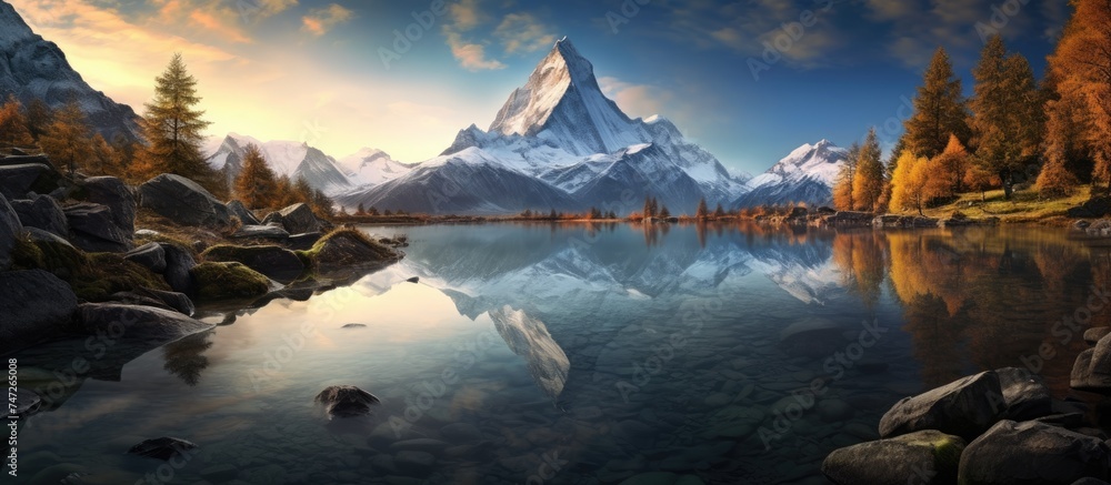 Wall mural A detailed painting showcasing a tall, imposing mountain looming over a serene lake in the foreground. The mountains rugged features are highlighted against the calm waters of the lake, creating a