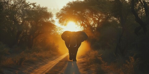A majestic African elephant strolls through the savannah at sunset. - obrazy, fototapety, plakaty