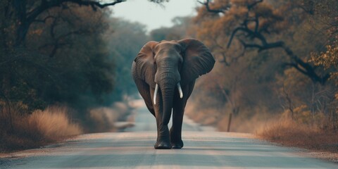 A powerful African elephant, endangered and wise, walks a road. - obrazy, fototapety, plakaty