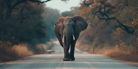 Fotobehang A powerful African elephant, endangered and wise, walks a road. © Iryna