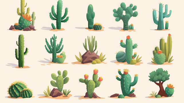 cactus - desert plant. game assets. multiple vector icon illustration. icon concept isolated premium vector.