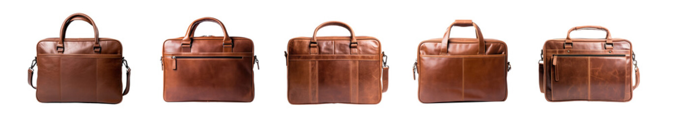 set of Beautiful luxury leather red, brown classic bag, briefcase, diplomat, for office, for laptop, clipping, isolated on a transparent background. PNG, cutout, or clipping path.	
