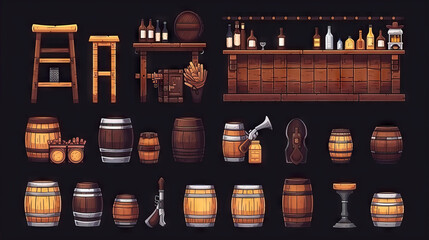Saloon - Western Bar. Game Assets. Multiple Vector Icon Illustration. Icon Concept Isolated Premium Vector. 