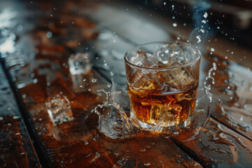 Whiskey on the Rocks, Dynamic Pour with Ice Crystals: A whiskey glass with ice splashing on a wooden table