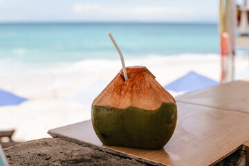 A large tropical coconut on the background of the ocean.