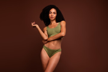 Obraz premium No filter photo of gorgeous nice girl slim strong figure advertising sportive underwear isolated on brown color background