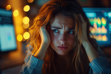 A young woman experiencing stress and a severe headache, holding her head in a dimly lit office environment.